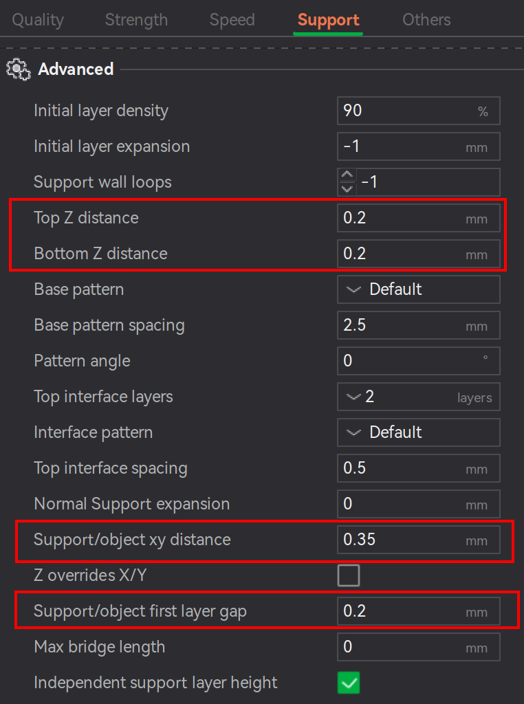 Bambu Studio Prepare screen support gap properties